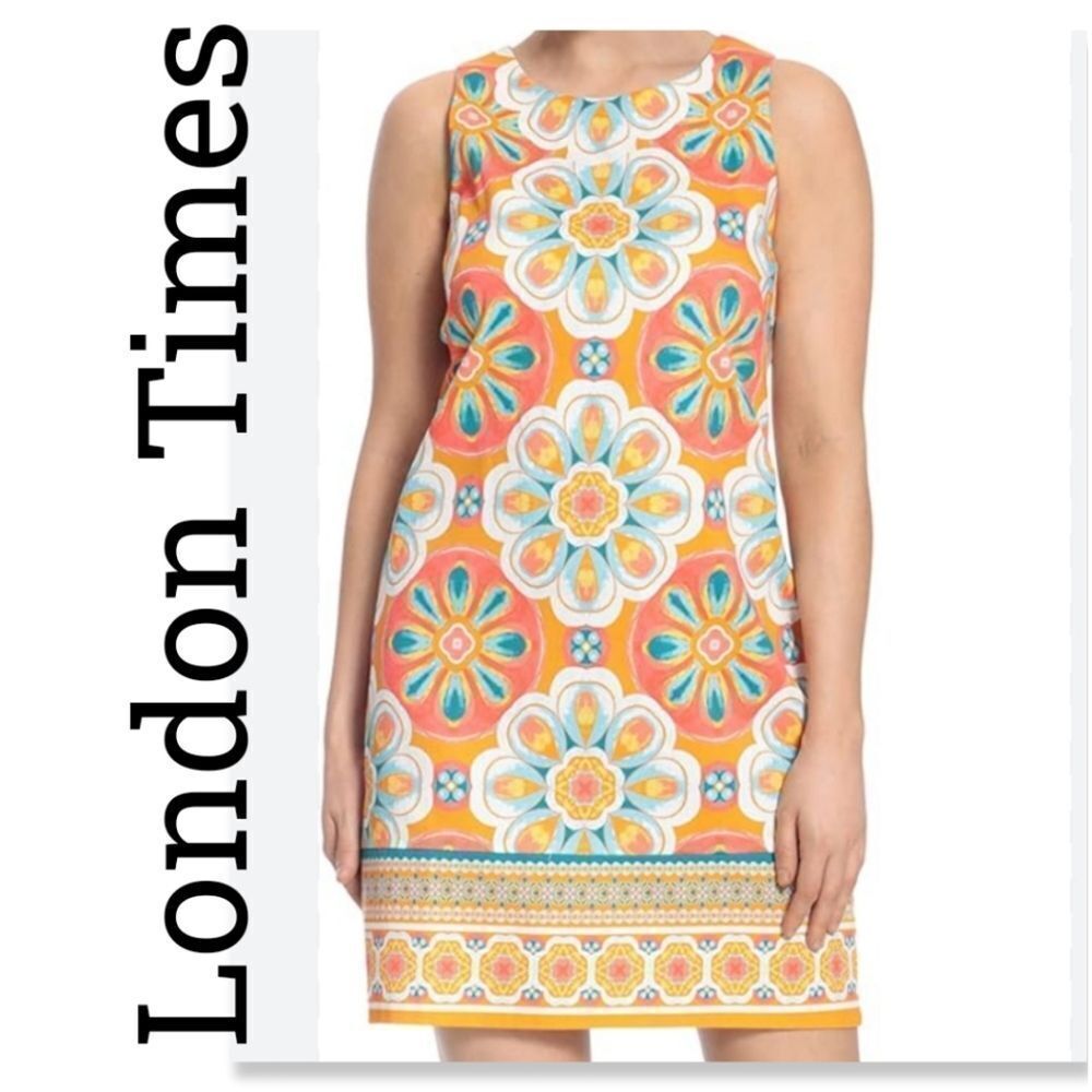 London Times Orange Multi-Color Floral Shift Dress